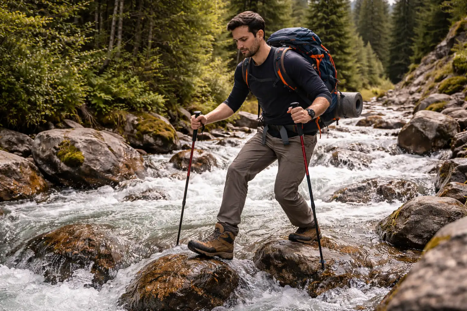 Trekkers carefully crossing a stream
