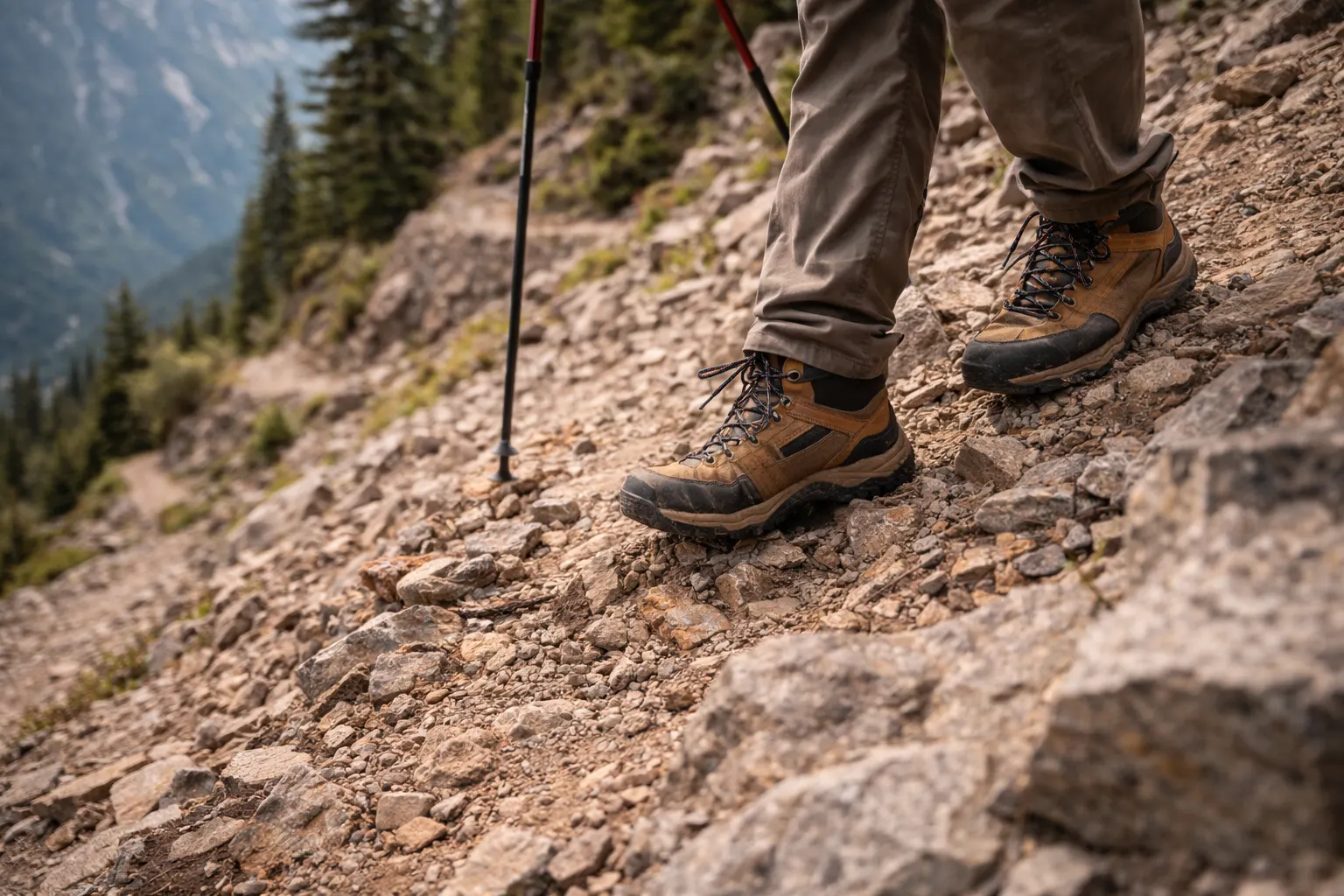 Trekkers descending steep mountain trail