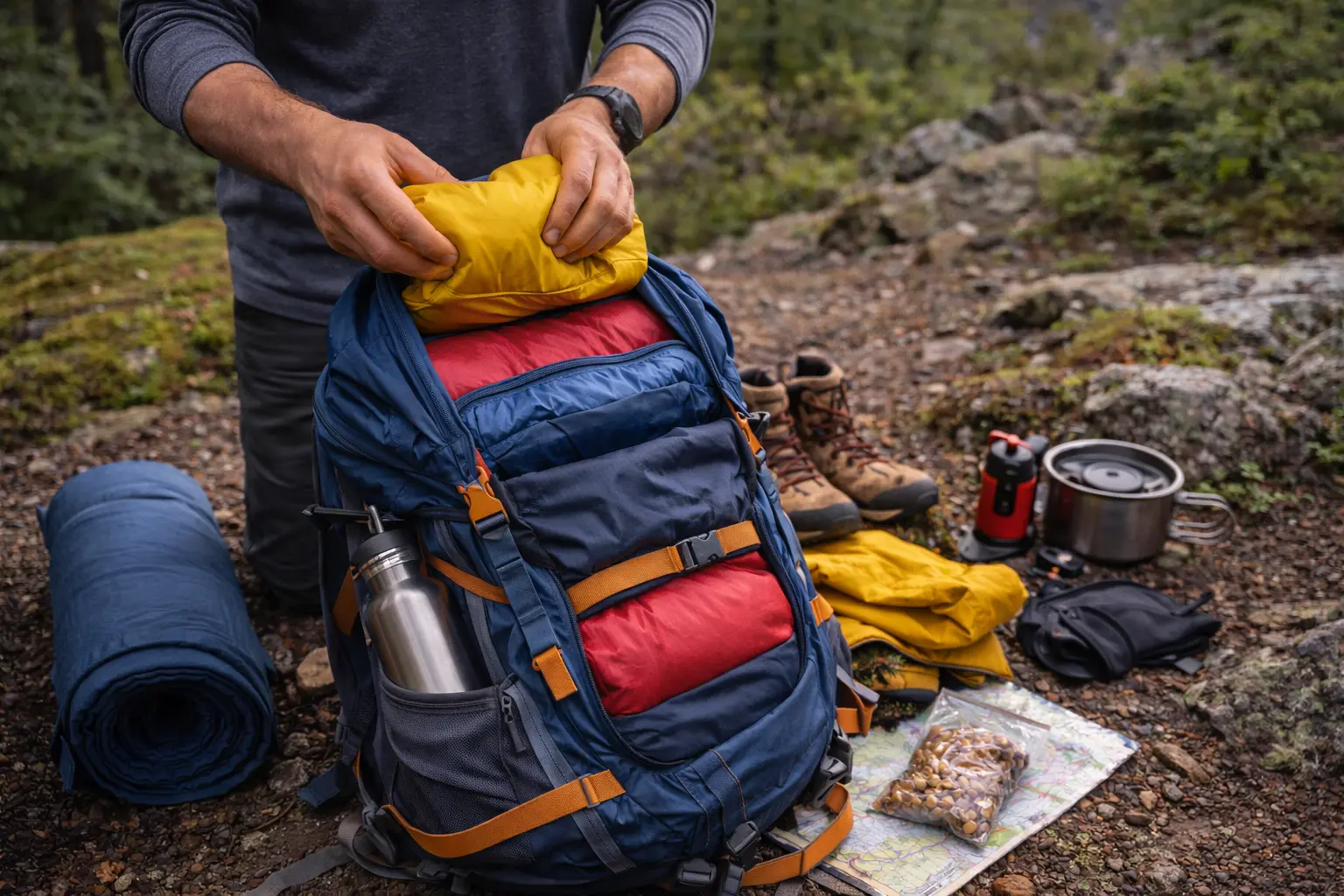 Trekking backpack gear layout