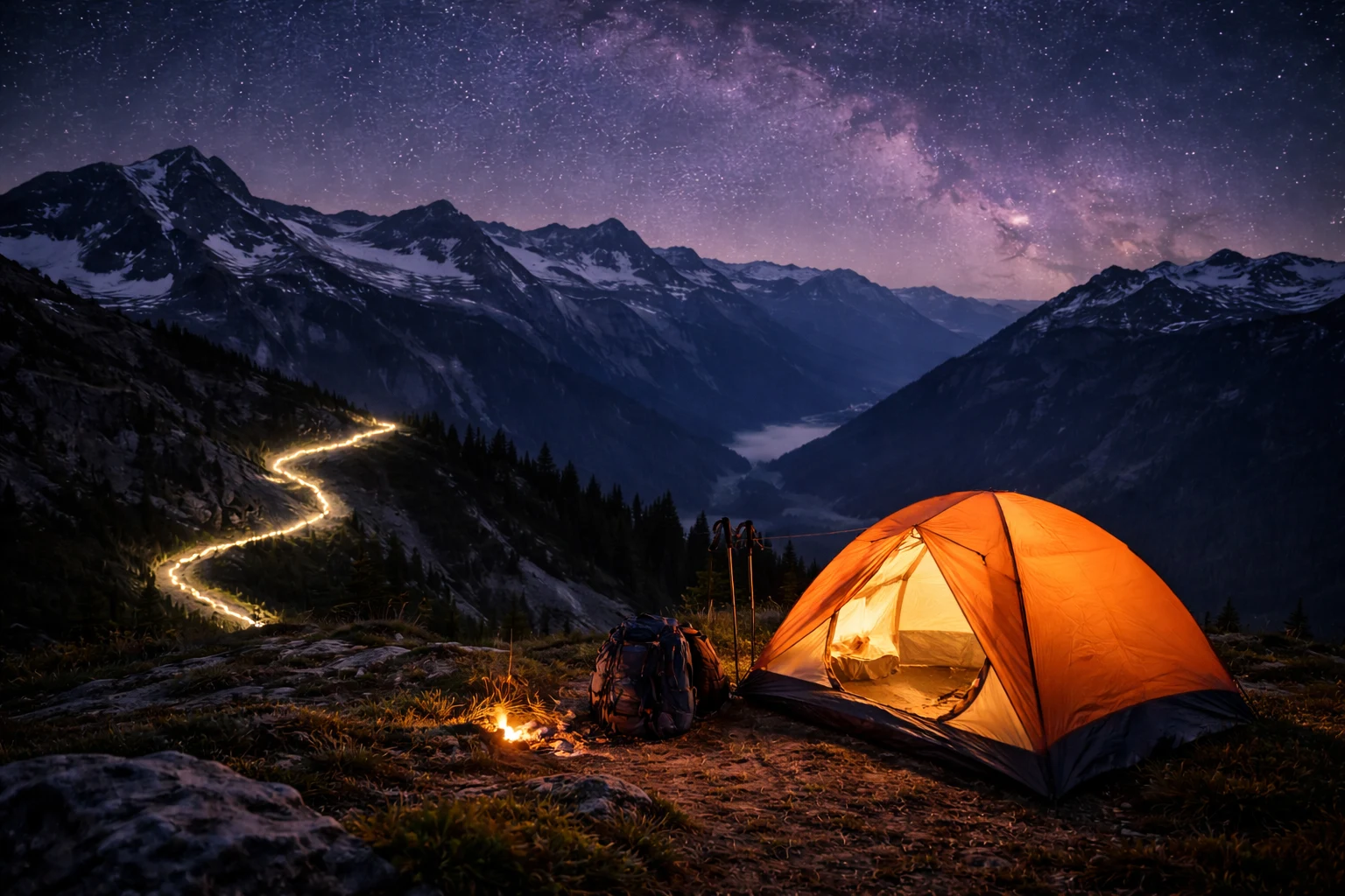 Night trekking with headlamps