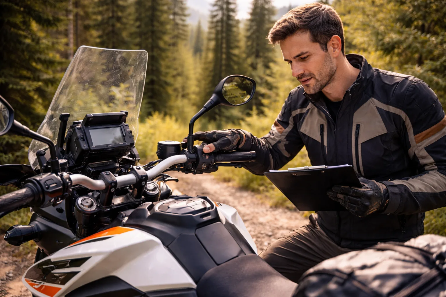 Checking motorcycle tire before ride