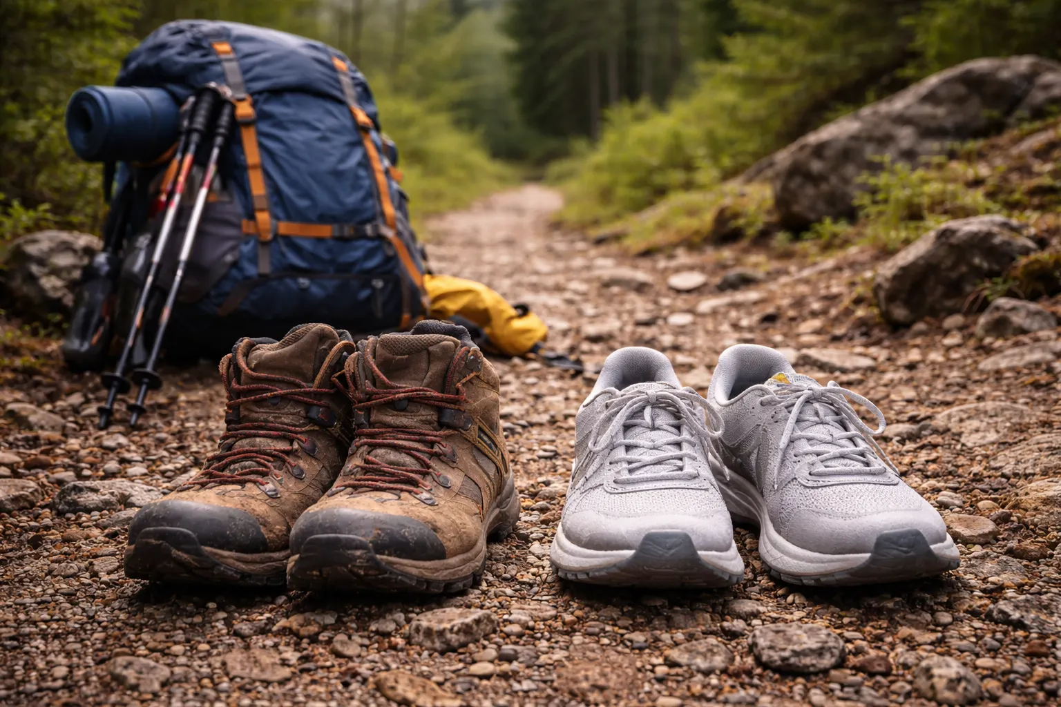 Trekking shoes on mountain trail