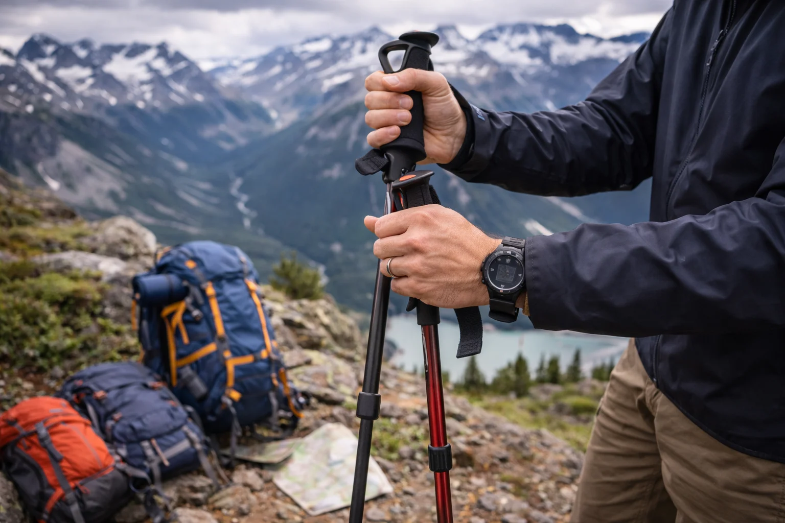 Trekkers using trekking poles on mountain trail