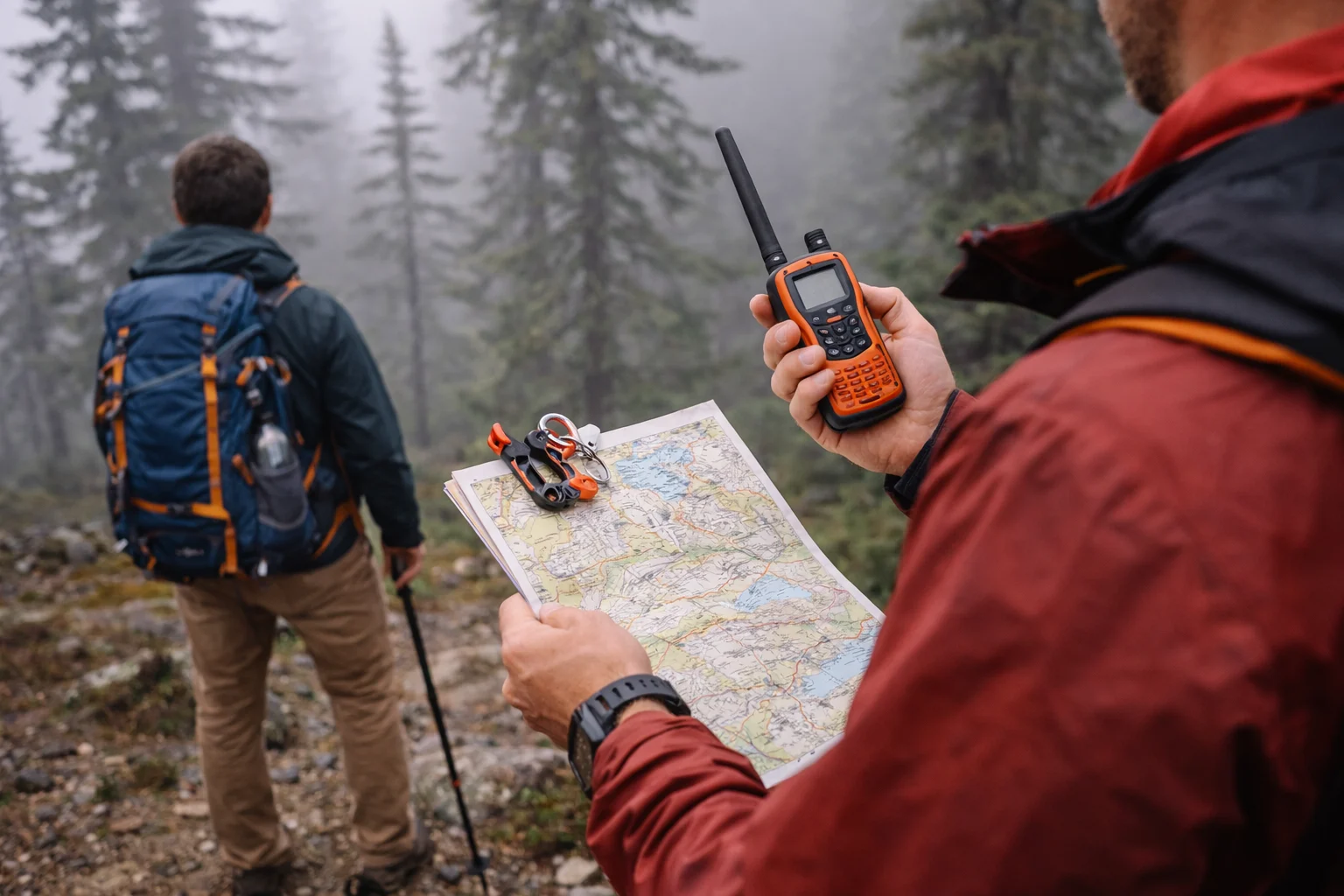 Trekkers walking safely on mountain trail