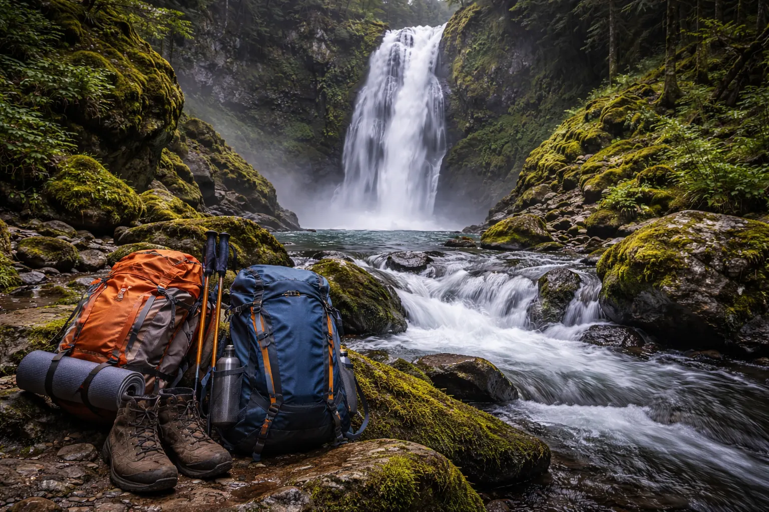 Waterfall trekking trail in forest