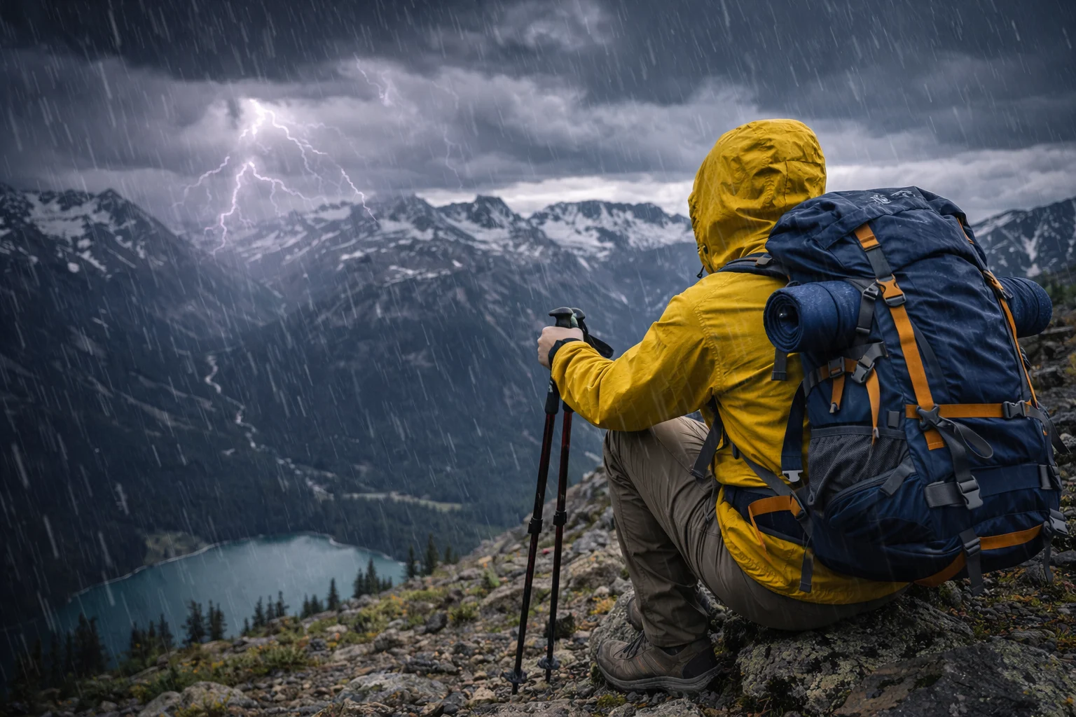 Trekkers walking in changing weather conditions