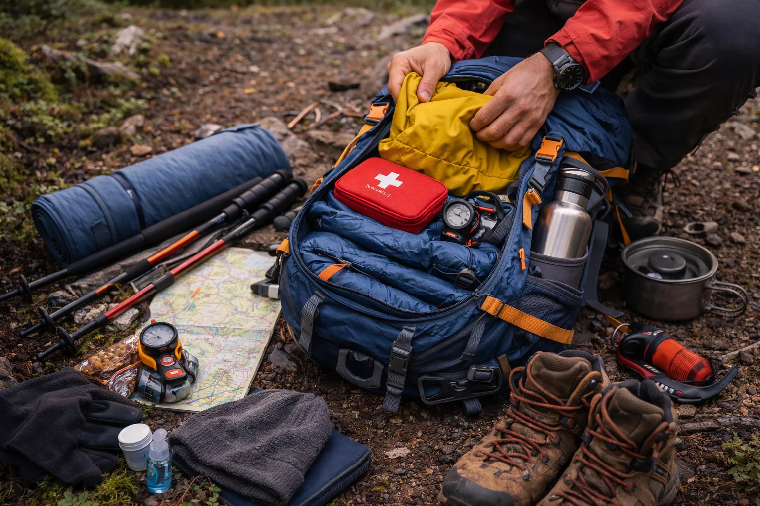 Trekking backpack essentials laid out