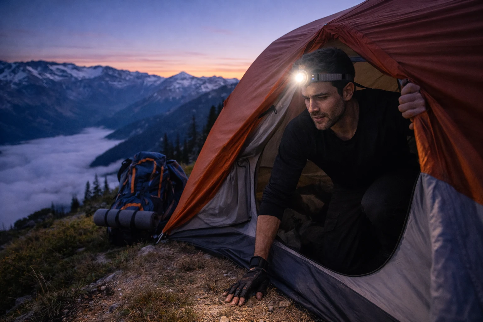 Trekkers hiking before sunrise